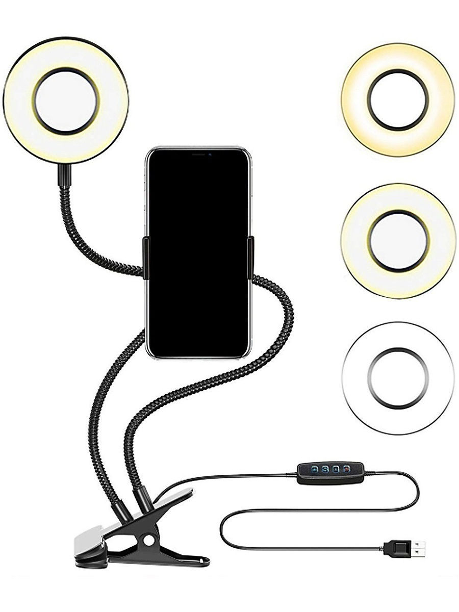 Кольцевая селфи-лампа LED с гибким держателем для телефона на прищепке .