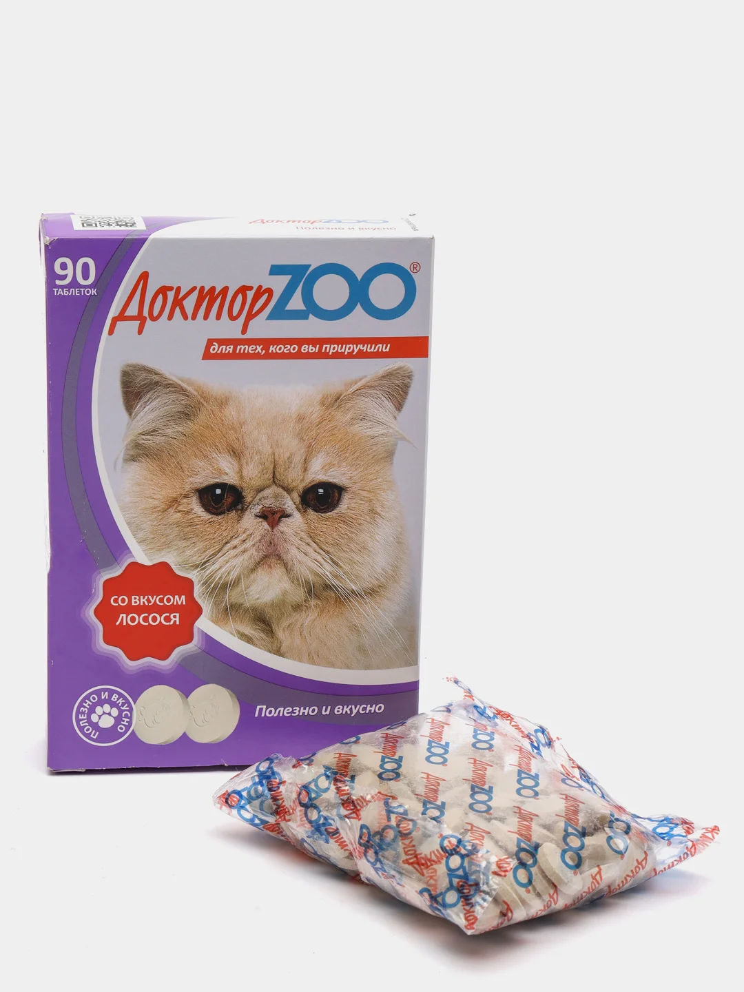 Витамины/Лакомство для кошки/котят с лососем (90 таб.), Доктор Зоо за ...