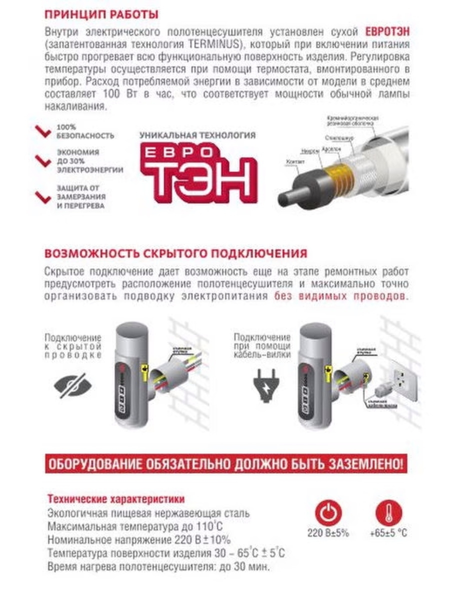 Полотенцесушитель электрический терминус скрытое подключение