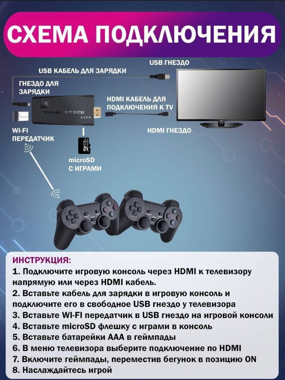 Игровая приставка Game Stick Lite 64 ГБ, 4K Ultra HD, 2 геймпада, 10000 ретро  игр купить по низким ценам в интернет-магазине Uzum (283290)