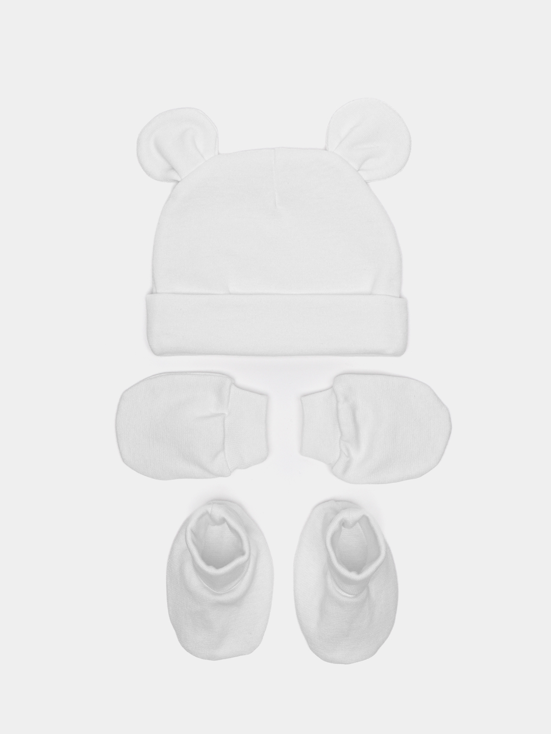 Комплект для новорожденных: шапочка с ушками, рукавички, пинетки  .