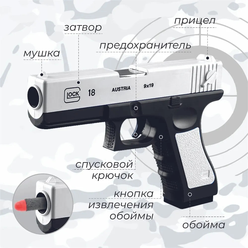 Пистолет игрушечный Glock 17, с мягкими патронами, гильзами и глушителем за  849 ₽ купить в интернет-магазине ПСБ Маркет от Промсвязьбанка