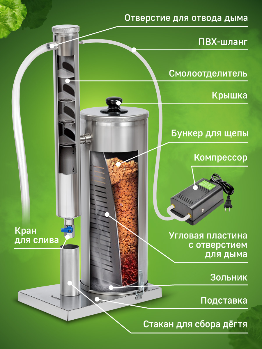 Дымогенератор для коптильни Платон L с компрессором, 1,3 литра, Геликон