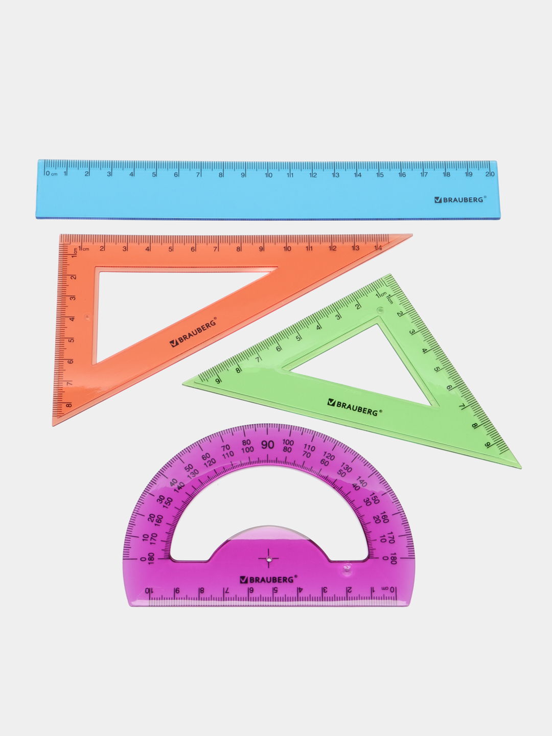 Чертежный треугольник и транспортир. Чертежный набор БРАУБЕРГ 4 предмета. Набор линеек для черчения. Фото школьные чертежные принадлежности. Линейка BRAUBERG 210607.