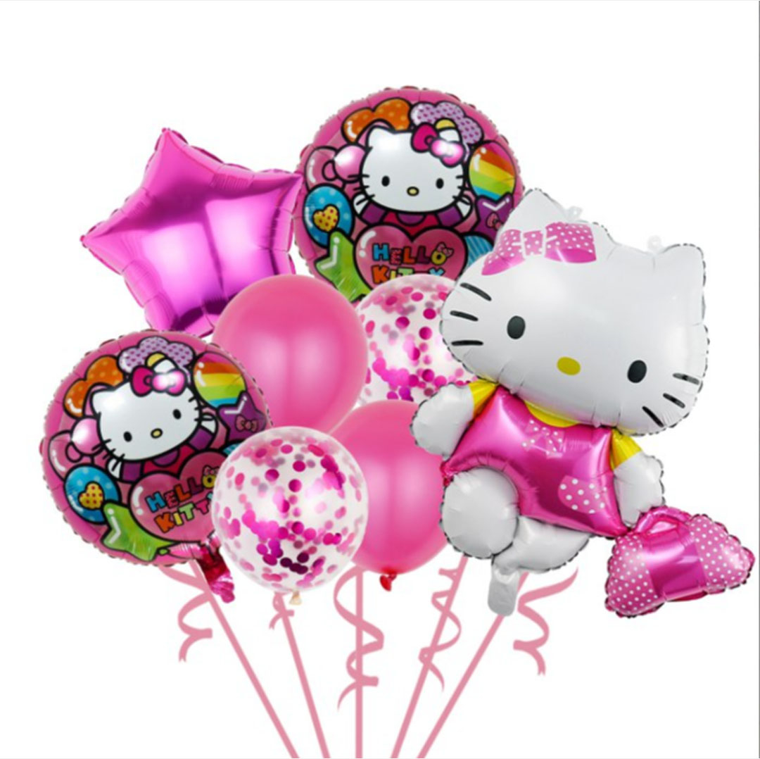 Композиция из воздушных шариков Hello Kitty с букетом нежно розовых шаров