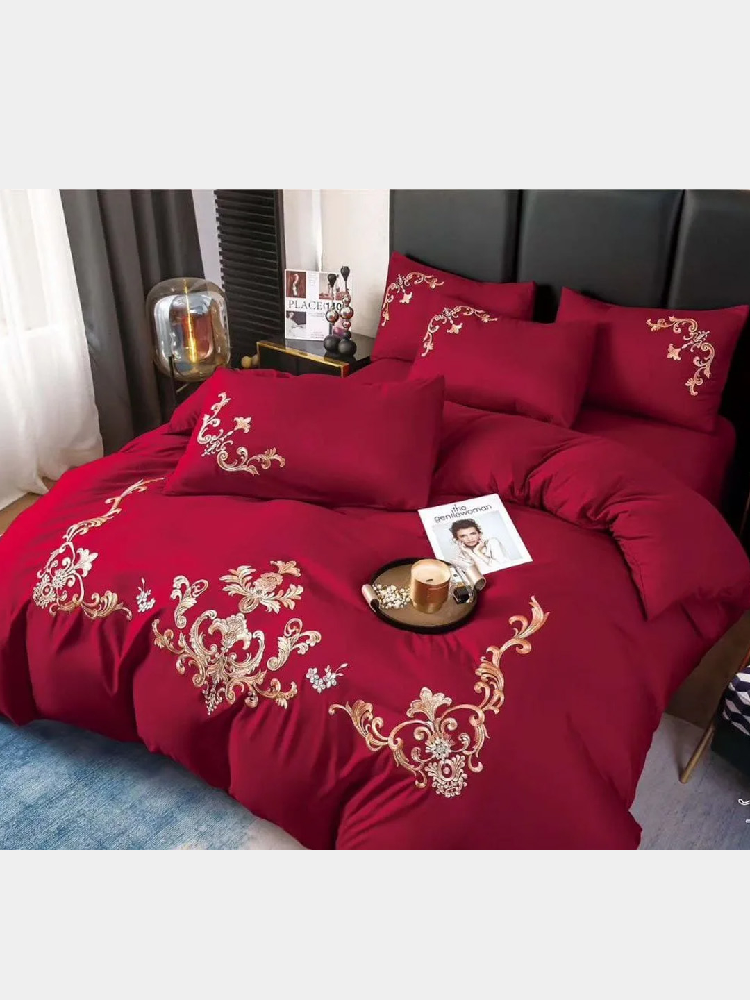 Комплект постельного белья Однотонный Сатин с Вышивкой CH028 Двуспальный Бежевый
